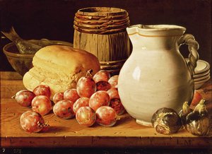 Nature morte avec prunes, figues, pain et poisson